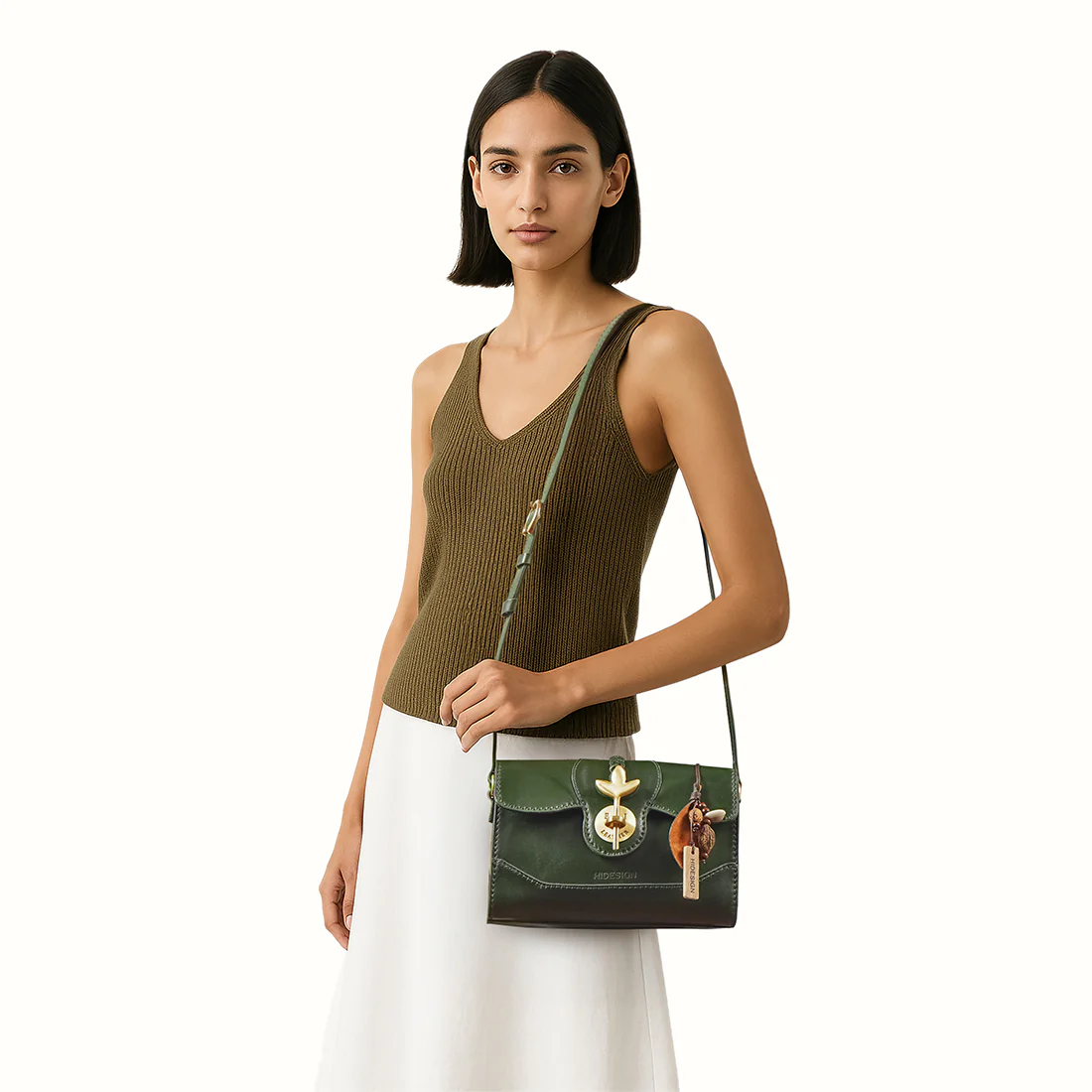 Clover 01 Green Leather Sling Bag - Image 2