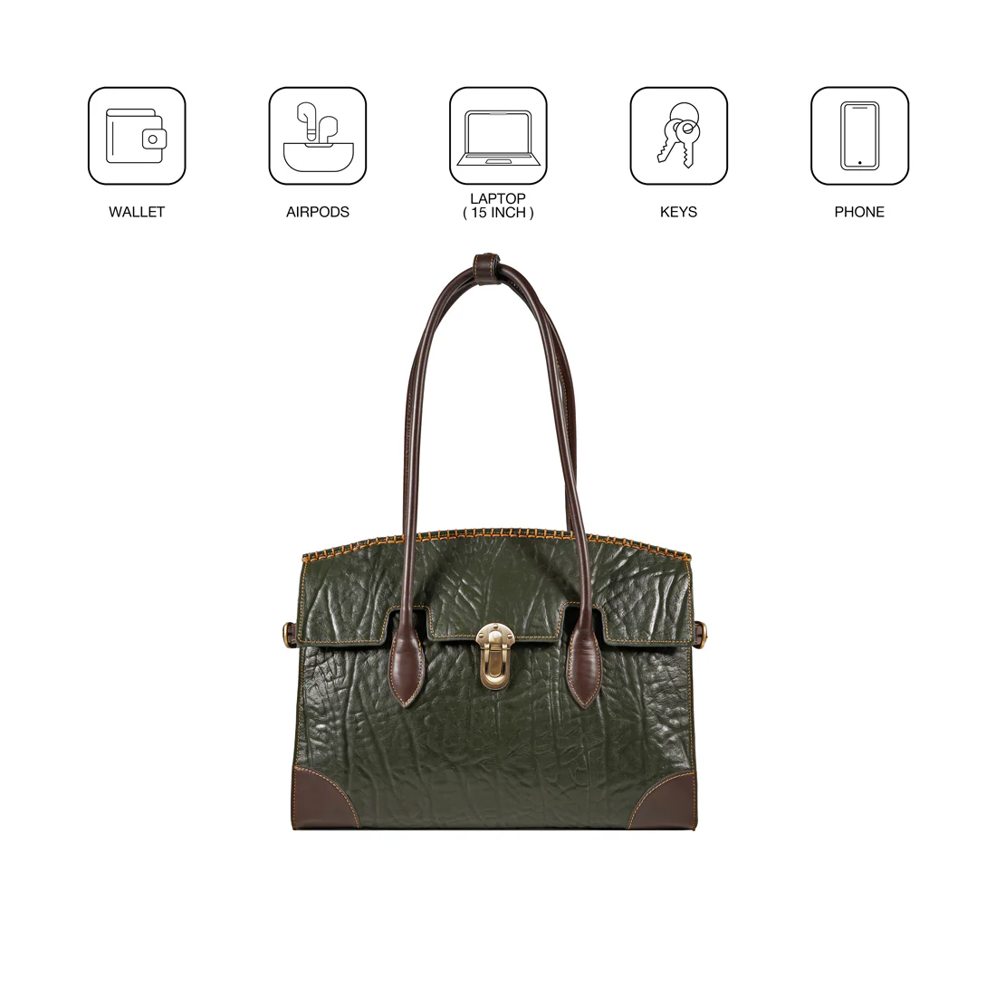 Kowloon 03 Green Leather Tote Bag - Image 10